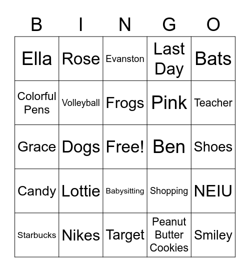 Ms. Kaminski Bingo Card