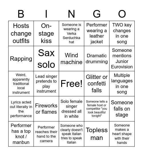 Eurovision Bingo - 2022 Bingo Card