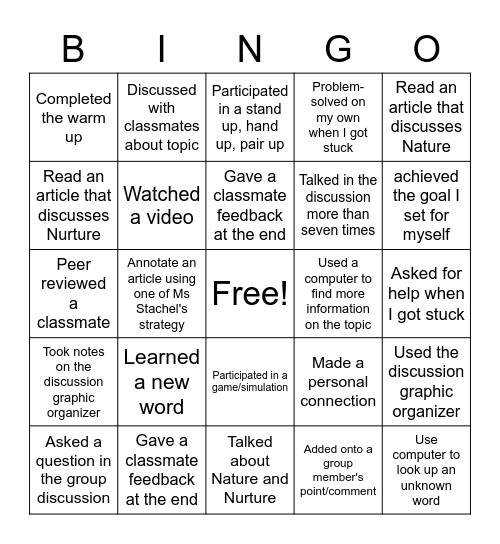 Nature vs Nurture Bingo Card Bingo Card