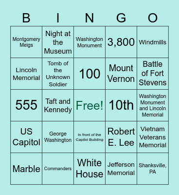 Washington D.C. Team Day Bingo Card