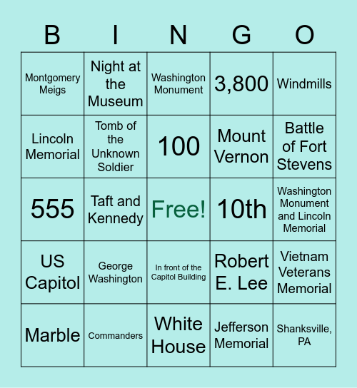 Washington D.C. Team Day Bingo Card