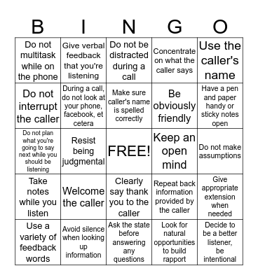 Listening Skills Bingo Card