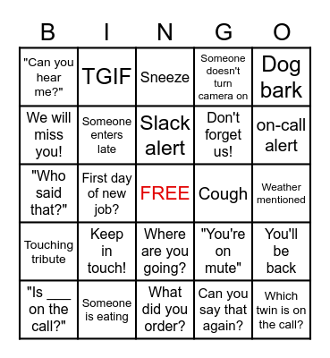 Virtual Farewell Party Bingo Card