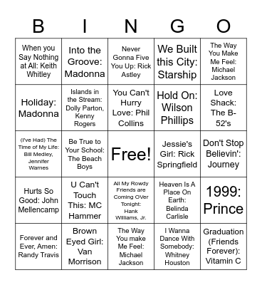 Music of the 80s Bingo Card