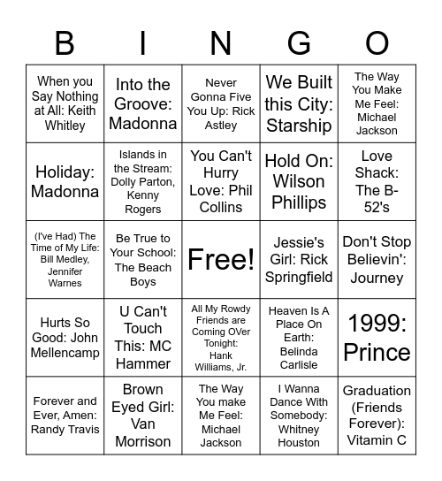 Music of the 80s Bingo Card