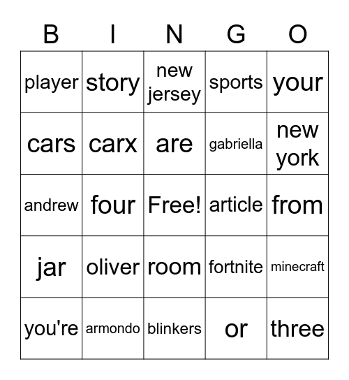 AlbOl R Words Bingo Card