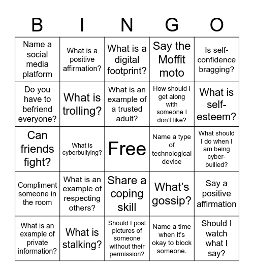 Girls Group Bingo Card