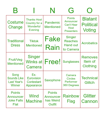 Eurovision Bingo Card