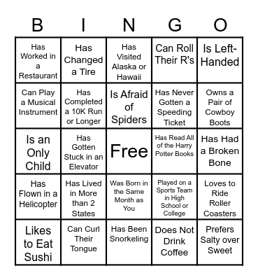 Get to Know You Bingo Card
