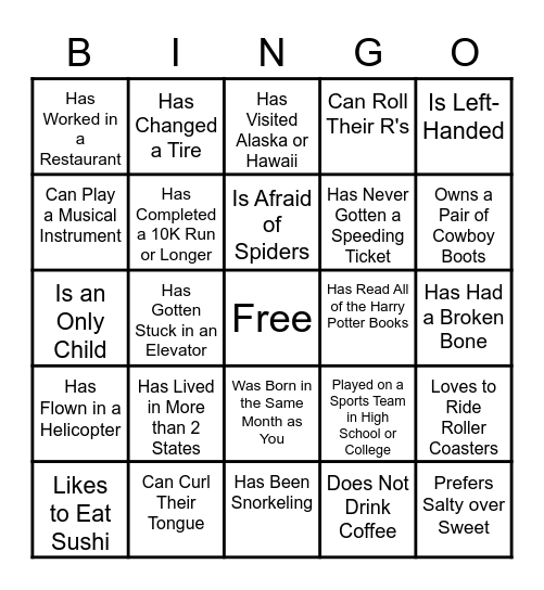 Get to Know You Bingo Card