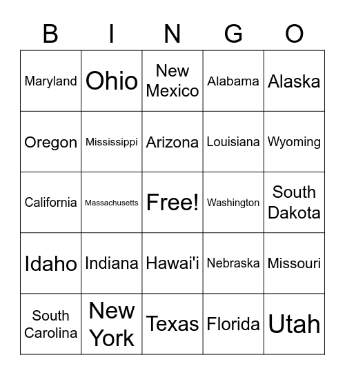 State Landmarks Bingo Card
