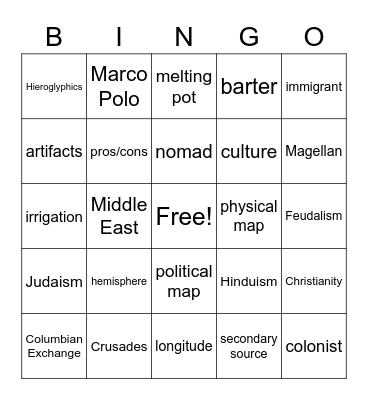 1st Nine Weeks Vocab Review Bingo Card