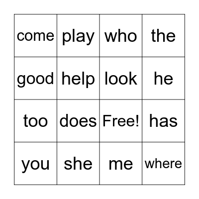Sight Words Bingo Card