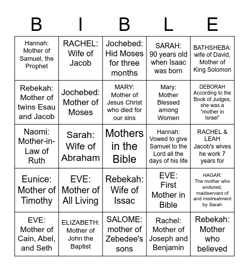 Mothers in the Bible Bingo Card