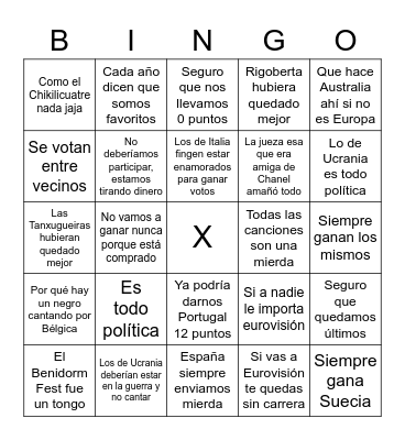 Locals en Eurovisión Bingo Card