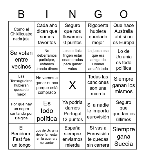 Locals en Eurovisión Bingo Card