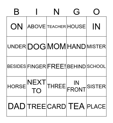 Place Preposition's Bingo  Bingo Card