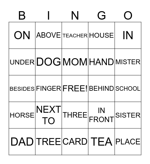Place Preposition's Bingo  Bingo Card