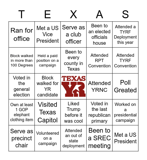 Texas YR Bingo Card