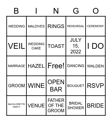 Bridal Bingo Card