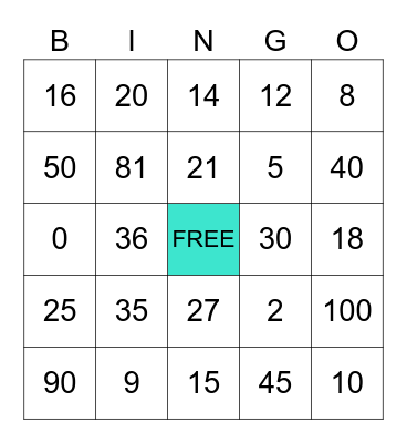 Multiplication Bingo Card