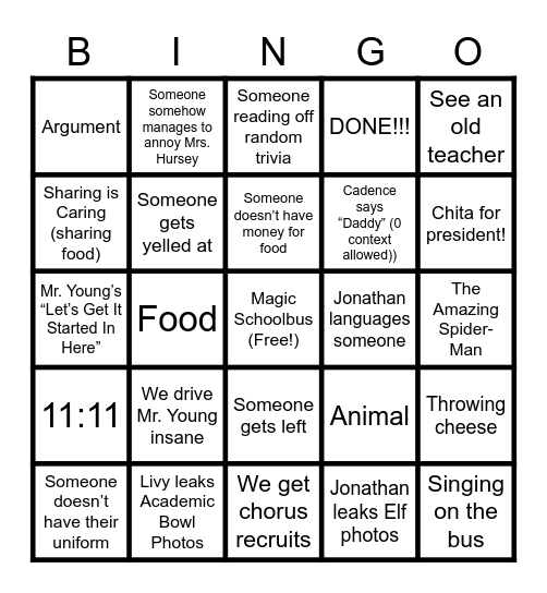 SCHOOL TOUR BINGO🫦 Bingo Card