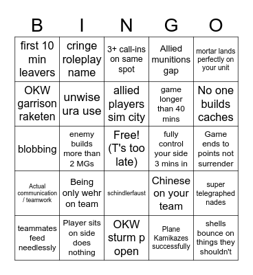 CoH 2 Bingo Card