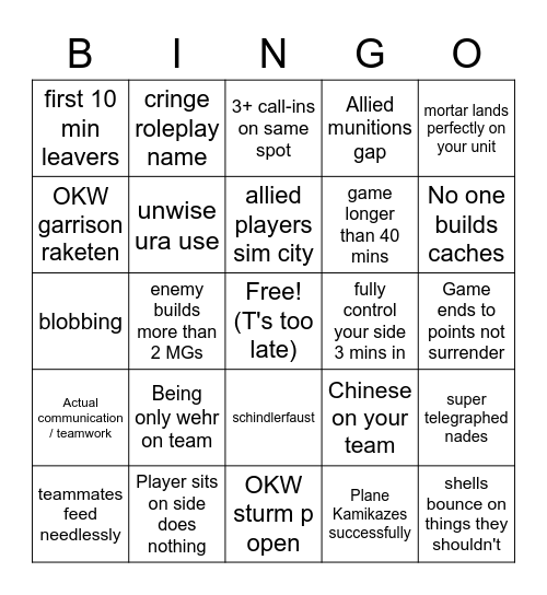 CoH 2 Bingo Card