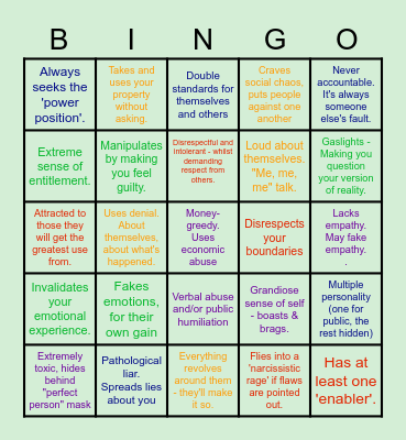 Play Narcissistic Bingo! Bingo Card