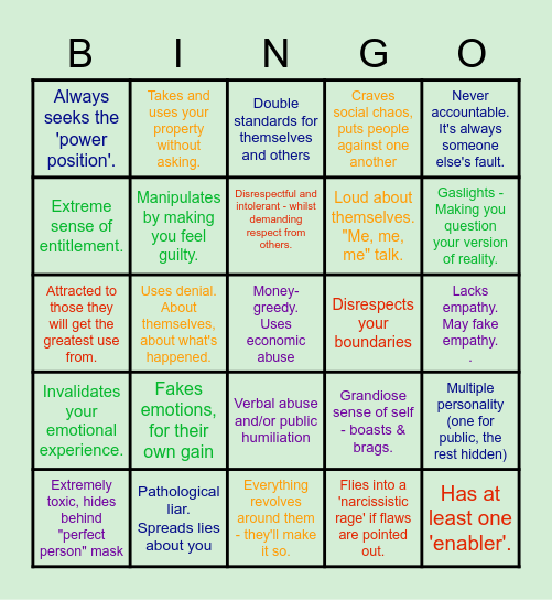 Play Narcissistic Bingo! Bingo Card