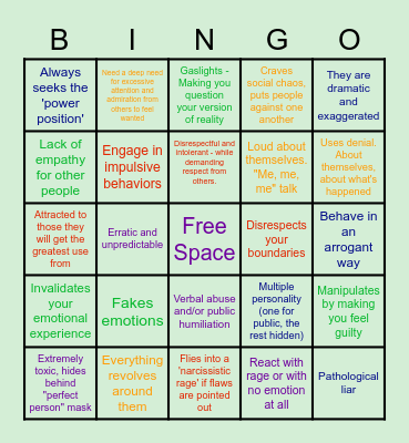 Play Narcissistic Personality Bingo Card
