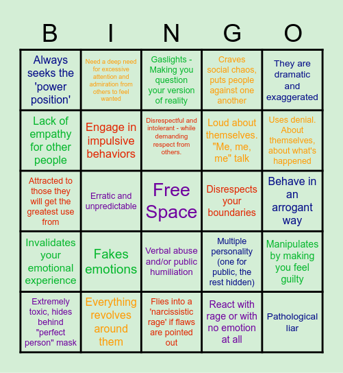 Play Narcissistic Personality Bingo Card