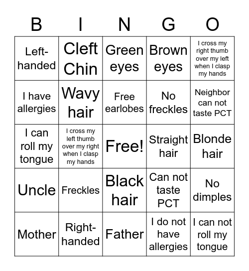 GENETIC TRAITS BINGO! Bingo Card