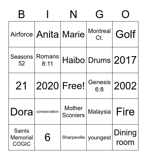 Grace Anniversary BINGO Card