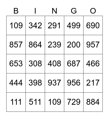 3-digit addition Bingo Card