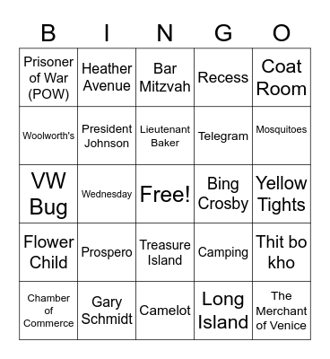 The Wednesday Wars Bingo Card