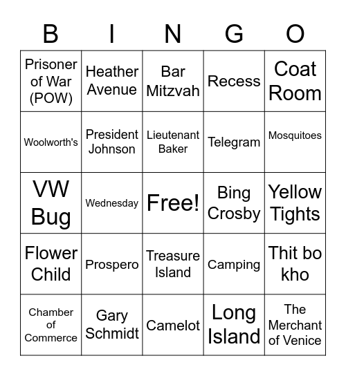 The Wednesday Wars Bingo Card