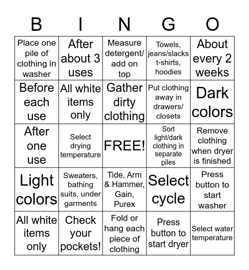 Laundry Bingo  Bingo Card