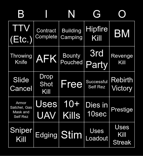 Warzone Rebirth Bingo Card