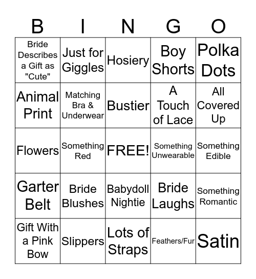 Lingerie Bingo Card