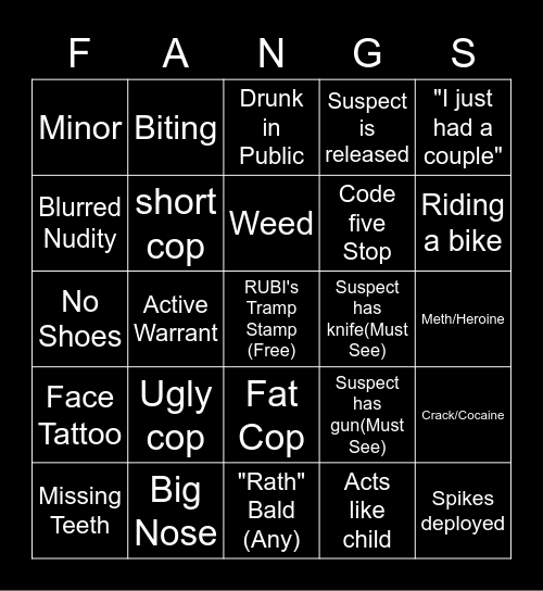 Sticky Squad COPS Bingo Card