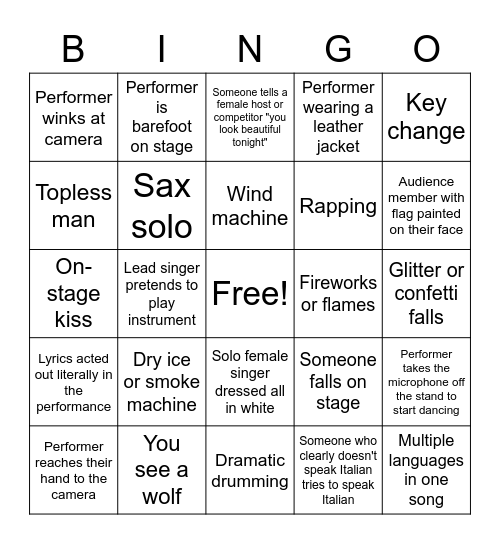 Eurovision Bingo - 2022 Bingo Card