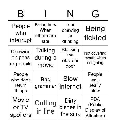 PET PEEVE Bingo Card