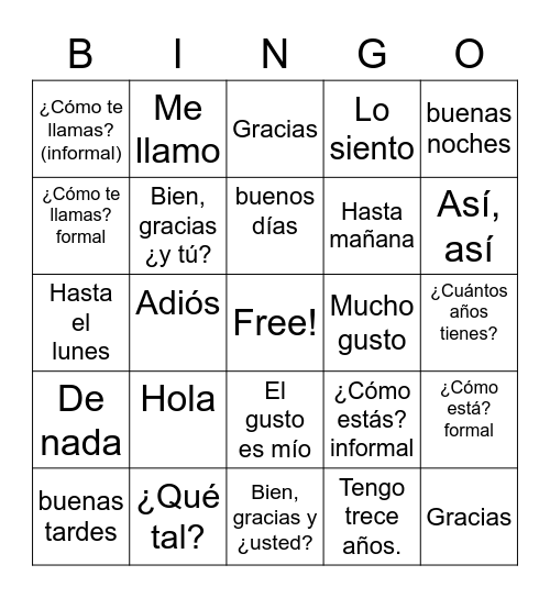 Greetings and basic questions in Spanish Bingo Card