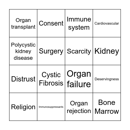 Organ Transplant Bingo Card