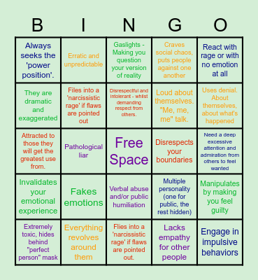 Play Narcissistic Personality  Bingo Card