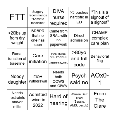 A FIRM Admission Bingo Card