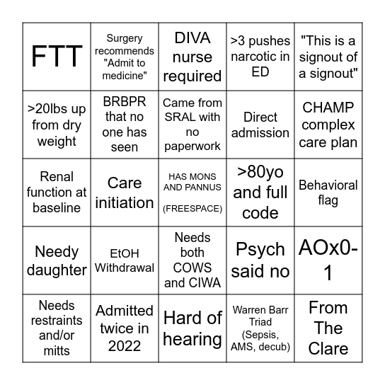 A FIRM Admission Bingo Card