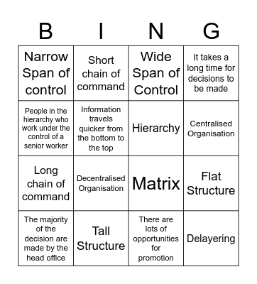 Organisational Structure Bingo Card