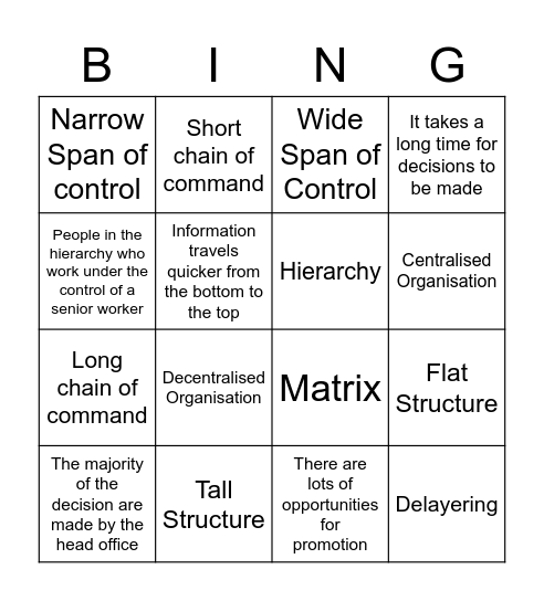 Organisational Structure Bingo Card